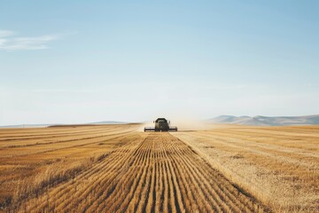 Obraz premium A combine harvester moves steadily across a vast, sunlit wheat field, the golden crops stretching endlessly under a clear blue sky.