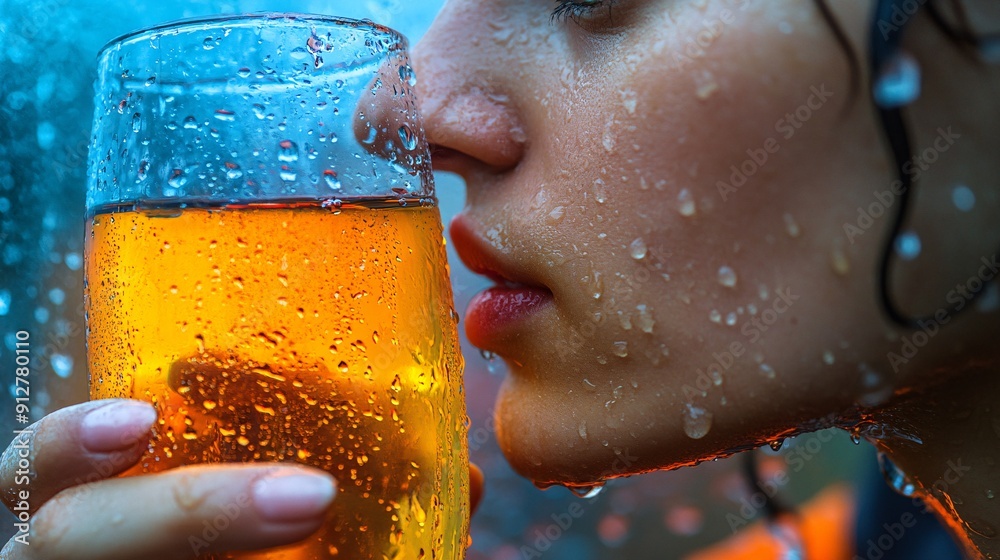 Poster a person taking a refreshing sip of water during an intense workout with beads of sweat glistening a