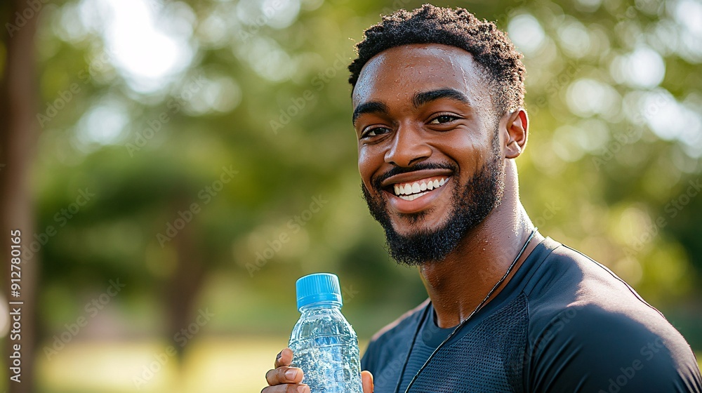 Aufkleber an athlete hydrating mid-exercise with sweat dripping down their face and a lively energetic atmosph