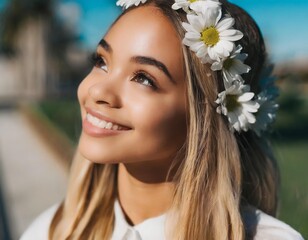 Naklejka premium super realistic photo of a young blond polish girl with lots of white flowers in her hair