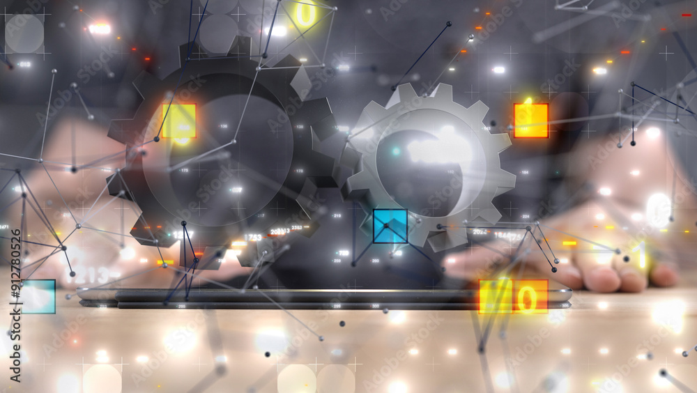 Aufkleber Digital cyberspace with particles and Digital data network connections concept.