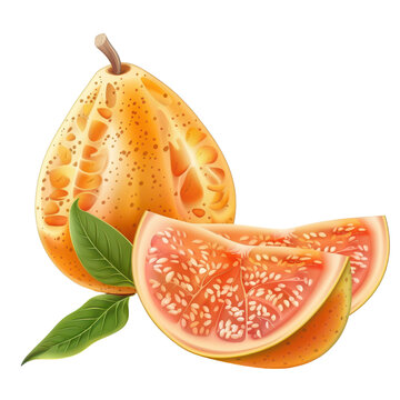 A realistic illustration of a ripe abiu fruit, whole and sliced, isolated on transparent background