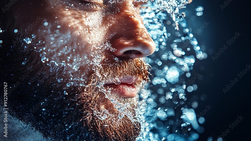 Poster A person hydrating during an intense workout session with sweat on their brow and a vibrant lively atmosphere Stock Photo with copy space