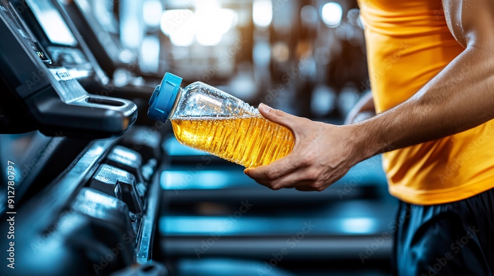 Poster a person hydrating during an intense workout session with sweat on their brow and a vibrant lively a