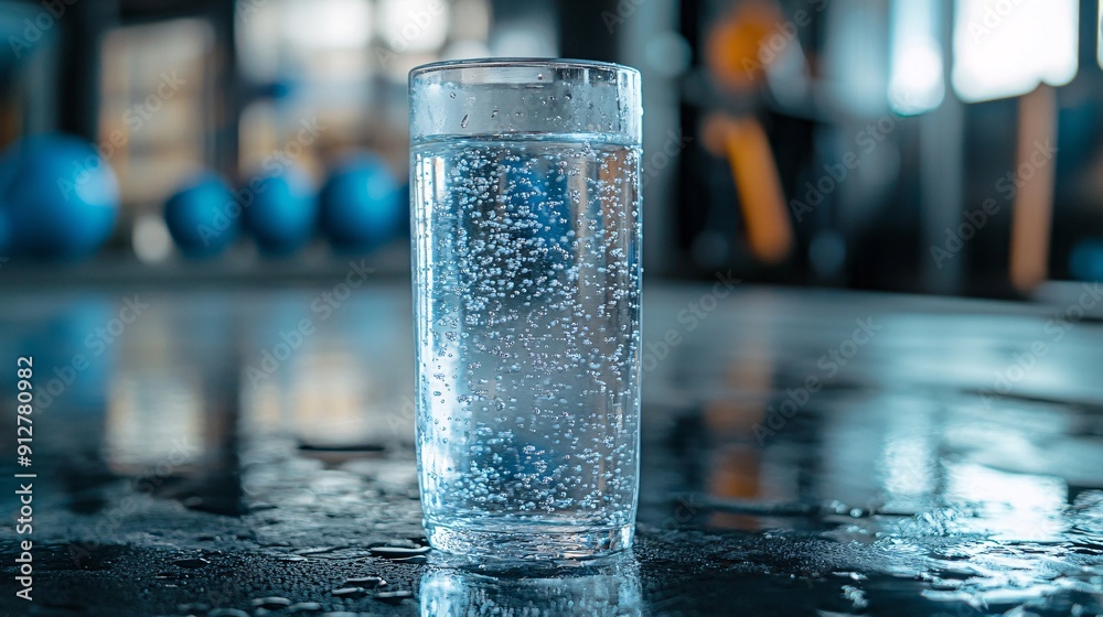 Poster A person taking a refreshing drink of water while working out with beads of sweat and a vibrant dynamic environment Stock Photo with copy space