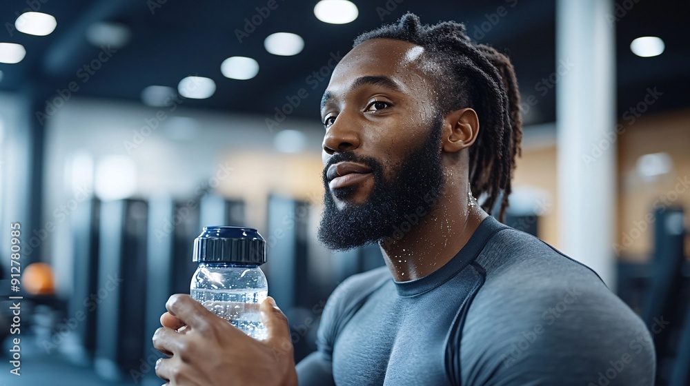 Poster hydrating in the middle of a workout a person drinks water with sweat drops visible and an active en