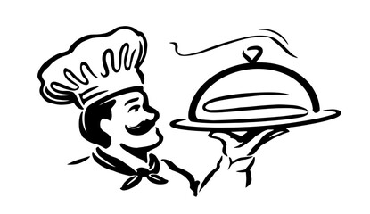 Chef with cloche, tray of food in hand emblem. Restaurant or cafe logo vector illustration