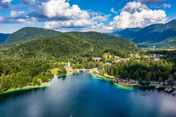 Aerial view of Bohinj lake in Julian Alps. Popular touristic destination in Slovenia. Bohinj Lake,...