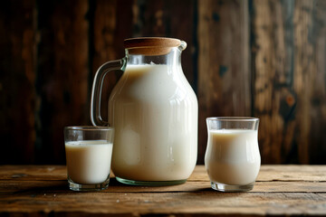 Jug of milk on rustic wooden background