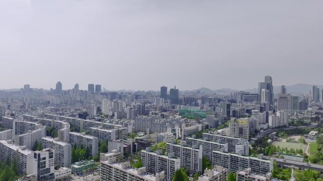 rone View of Seoul city in South Korea, gangnam financial district, Summer 60fps