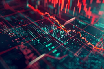 A futuristic visualization of data with illuminated graphs and charts in neon red and blue, depicting an abstract, high-tech digital landscape.