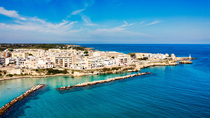 Fototapeta premium Aerial view of Otranto town on the Salento Peninsula in the south of Italy, Easternmost city in Italy (Apulia) on the coast of the Adriatic Sea. View of Otranto town, Puglia region, Italy.