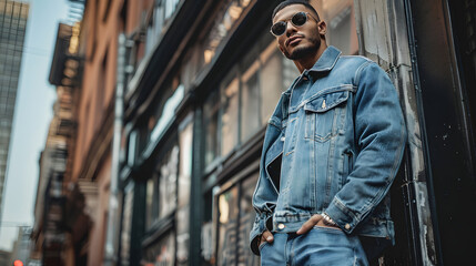 Stylish outfit made from recycled denim in an urban setting 