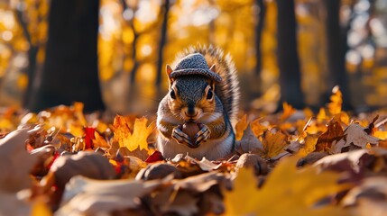 Obraz premium A cute squirrel in a tiny hat gathers acorns amidst vibrant autumn leaves in a picturesque forest