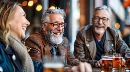 Elderly friends enjoying a night of laughter and beer at a local pub