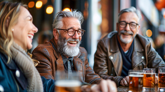 Elderly friends enjoying a night of laughter and beer at a local pub - Powered by Adobe