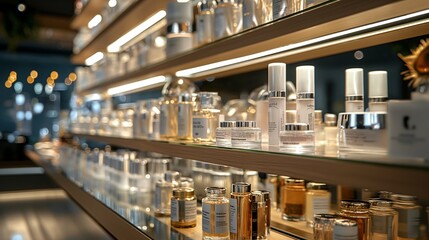 Fototapeta premium Cosmetics store display, various products, commercial consept