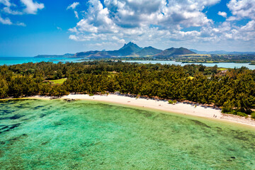 Ile aux Cerfs island with idyllic beach scene, aquamarine sea and soft sand, Ile aux Cerfs, Mauritius, Indian Ocean, Africa. Ile aux Cerf in Mauritius, beautiful water and breathtaking landscape.