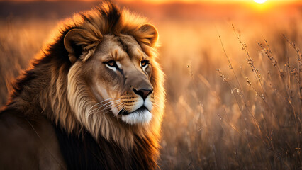 A lion is standing in a field with the sun setting behind it
