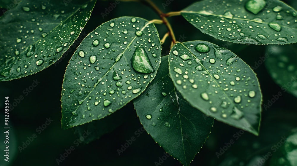 Poster macro view of water droplets on the lush green leaves capturing their vitality and natural freshness