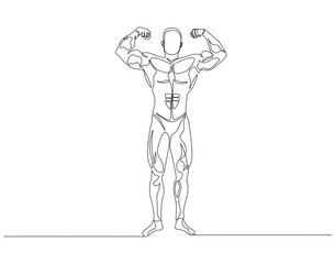 Continuous one line drawing of bodybuilder posed. One line drawing illustration of man bodybuilder posed. Fitness center gym concept line art. Editable outline