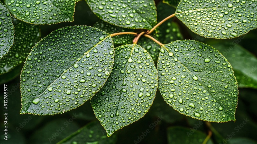 Poster macro view of water droplets on the lush green leaves capturing their vitality and natural freshness