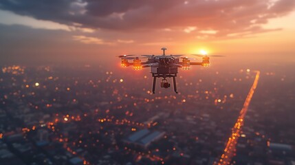 Drone delivering spare parts, autonomous, industrial, landscape