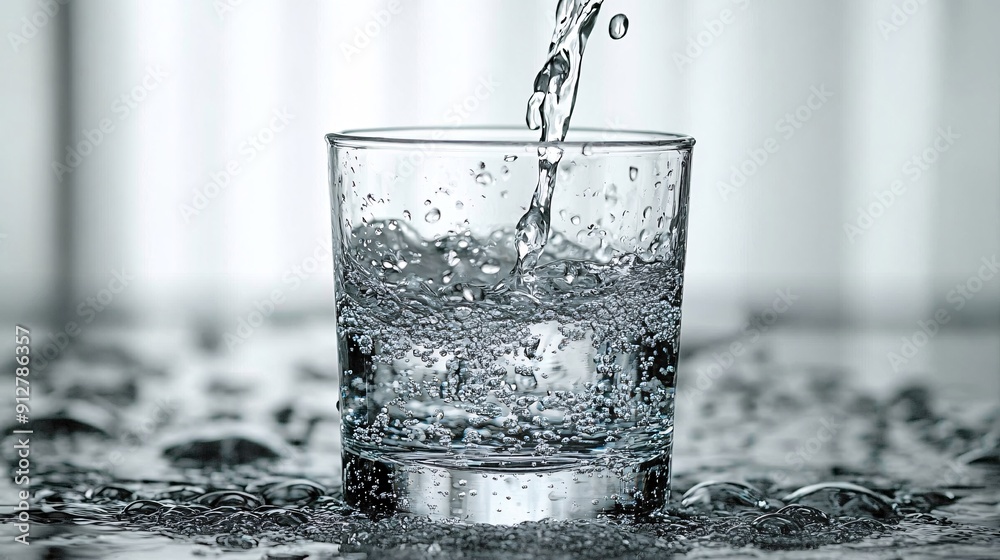 Poster high resolution image of water pouring into a glass with intricate droplets and splashes captured ag