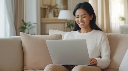 Fototapeta premium A young woman with long hair smiles at the camera while using a laptop in a beautifully decorated, well-lit living room
