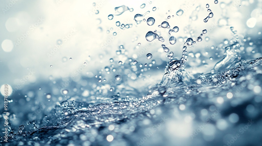Poster detailed close-up of water being poured into a glass with sparkling droplets and splashes on a brigh