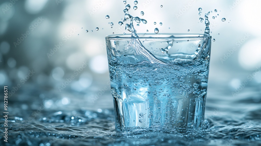 Poster close-up photograph of water being poured creating beautiful droplets and splashes into a glass on a