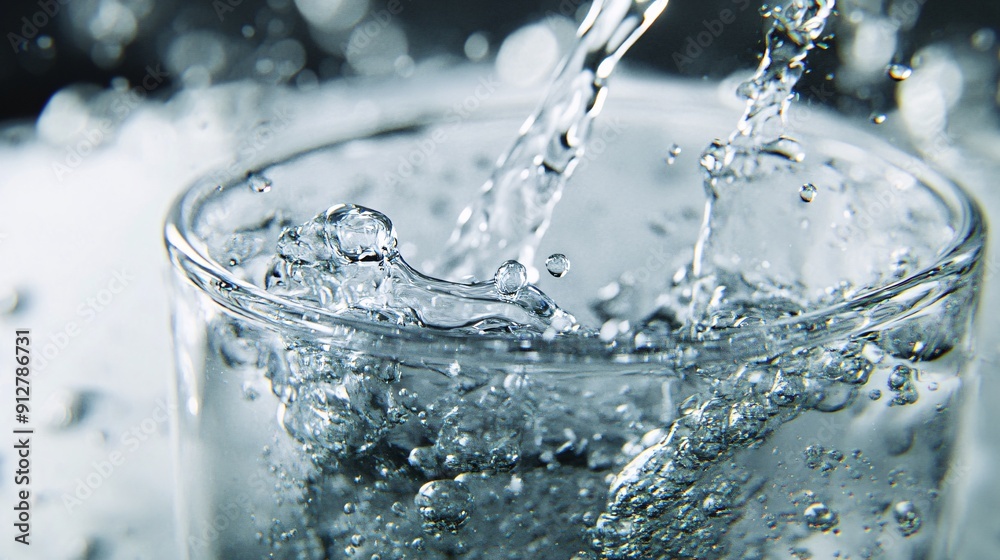 Poster close-up photograph of water being poured creating beautiful droplets and splashes into a glass on a