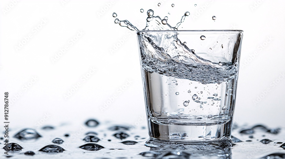 Poster high-detail shot of water cascading into a glass with droplets forming and splashing captured agains