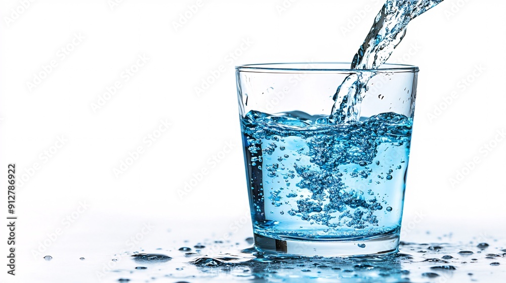 Poster close-up image of water being poured into a glass with suspended droplets and dynamic splashes on a 