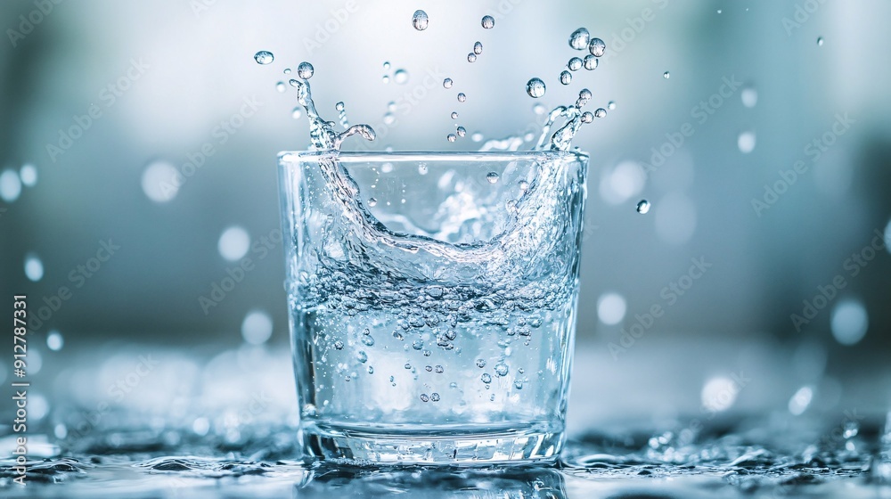 Poster water splashing into a clear glass with suspended droplets in mid-air set against a pristine white b