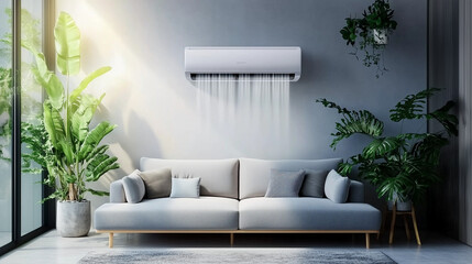 A modern living room featuring an air conditioner on the wall, a grey sofa, and green plants. The interior design showcases a contemporary home entrance hall or waiting area with a window, emphasizing