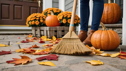 Woman using a broom to sweep a wooden front porch, scattered with vibrant fall leaves and decorated with pumpkins