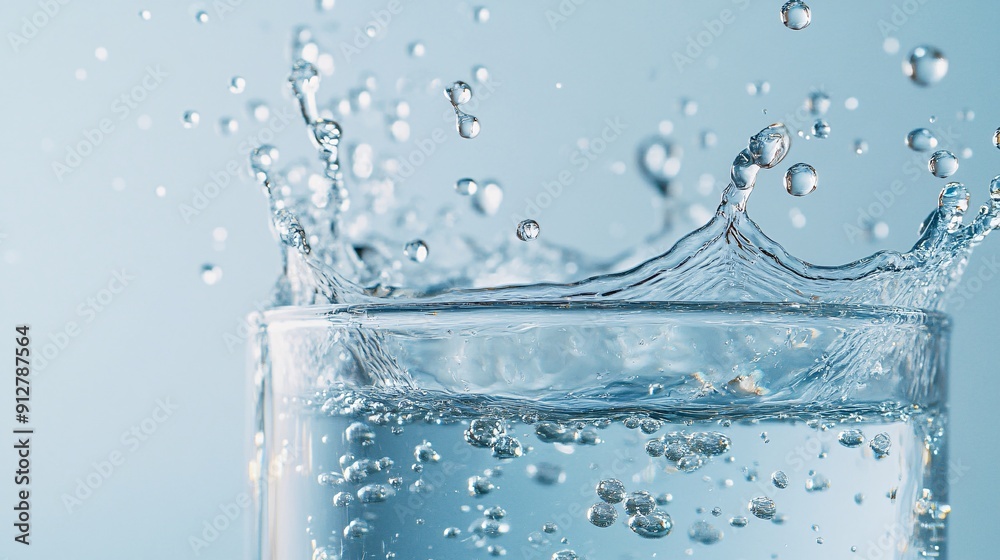 Poster close-up shot of water splashing into a transparent glass with droplets suspended in mid-air against