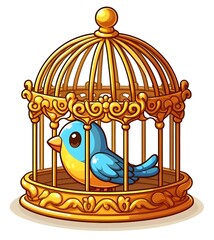 Idiom "to be (like) a bird in a gilded cage", cartoon illustration