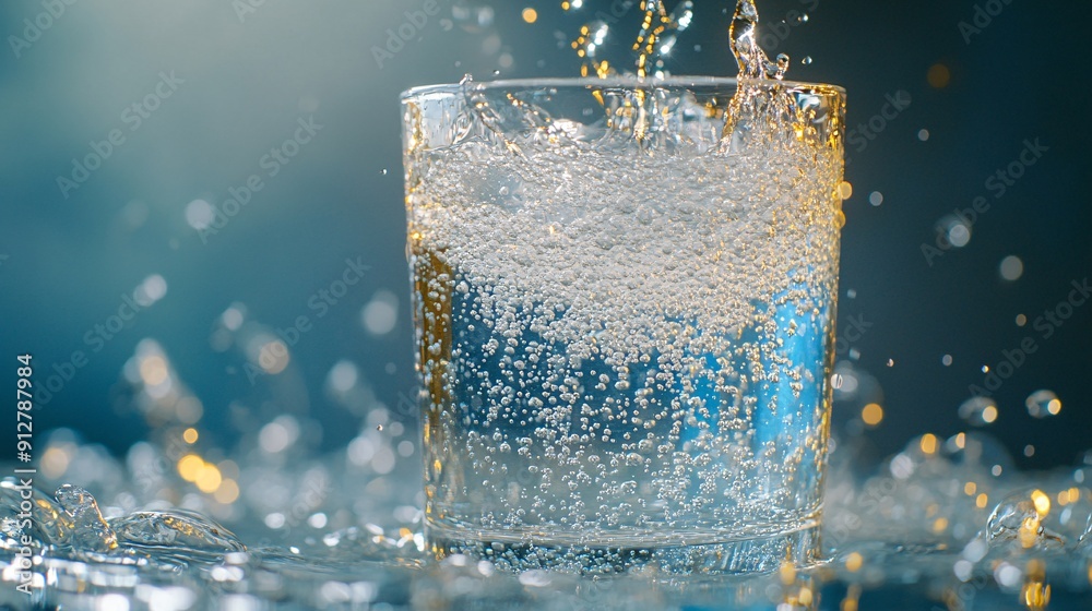 Poster close-up view of water pouring into a clear glass with intricate droplets and splashes set against a