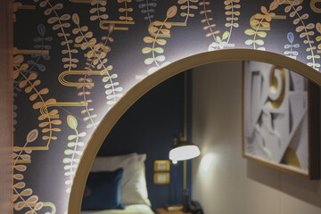 Luxurious interior or inside cabin stateroom on luxury ocean cruiseship or cruise ship liner in...