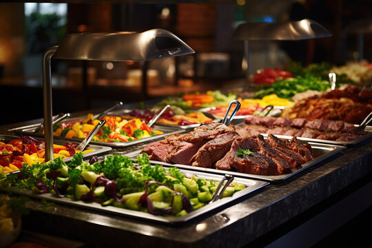 Tasty buffet with meat and salads in restaurant
