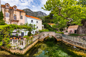 Idyllic village of Mlini in Dubrovnik archipelago view, south Dalmatia region of Croatia. Adriatic village of Mlini waterfront aerial view, Dubrovnik coastline of Croatia.