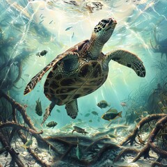 Obraz premium Graceful sea turtle glides through vibrant coral reef, a mesmerizing underwater ballet
