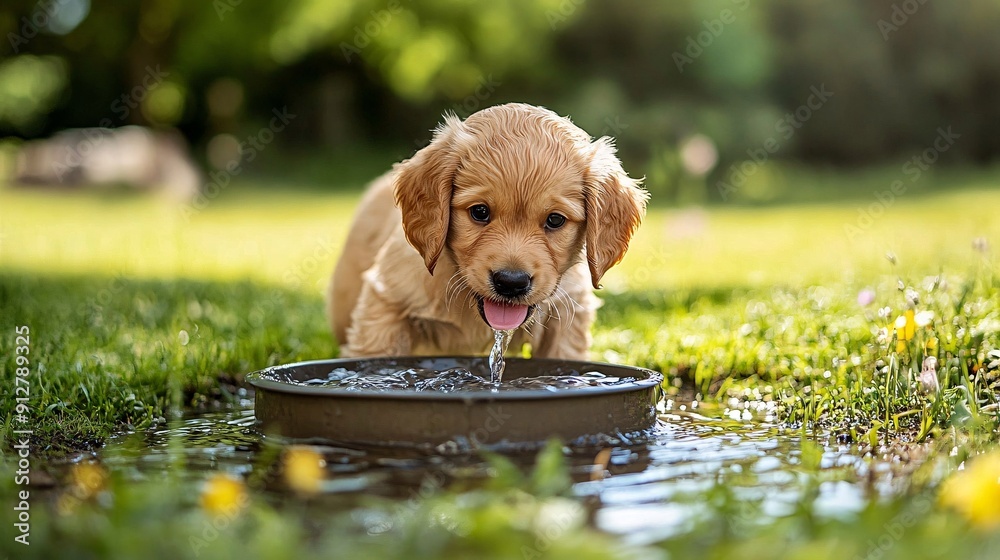 Poster a playful puppy drinking from a fresh water bowl its nose wet and tail wagging happily stock photo w