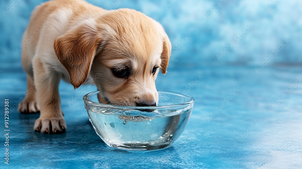 Poster a playful puppy drinking from a fresh water bowl its nose wet and tail wagging happily stock photo w