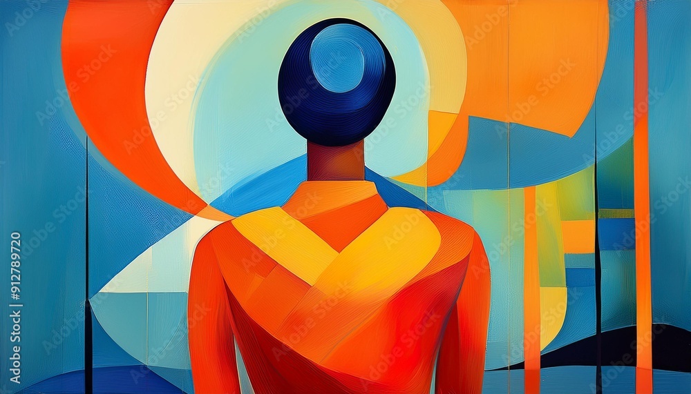 Wall mural A colorful, abstract painting of a figure wearing a bright orange shirt and a blue neckline. The figure appears to be looking out of a window