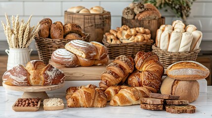 A charming bakery display with an assortment of freshly baked bread loaves, croissants, and pastries arranged on a white marble countertop