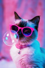 Naklejka premium Cat with pink sunglasses and bubblegum, neon lighting.
