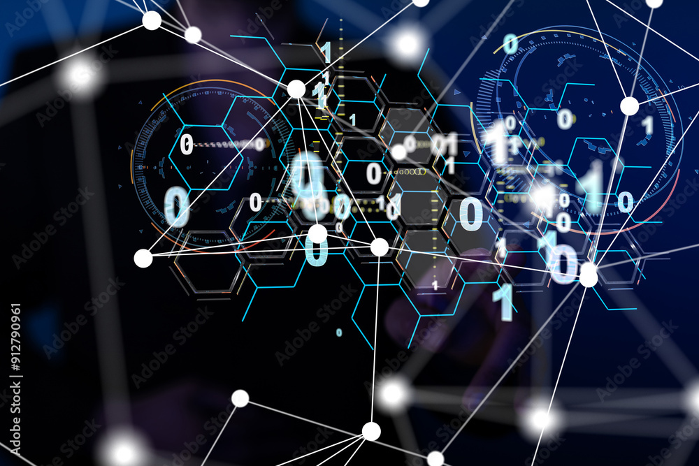 Poster neural network 3d illustration. big data and cybersecurity